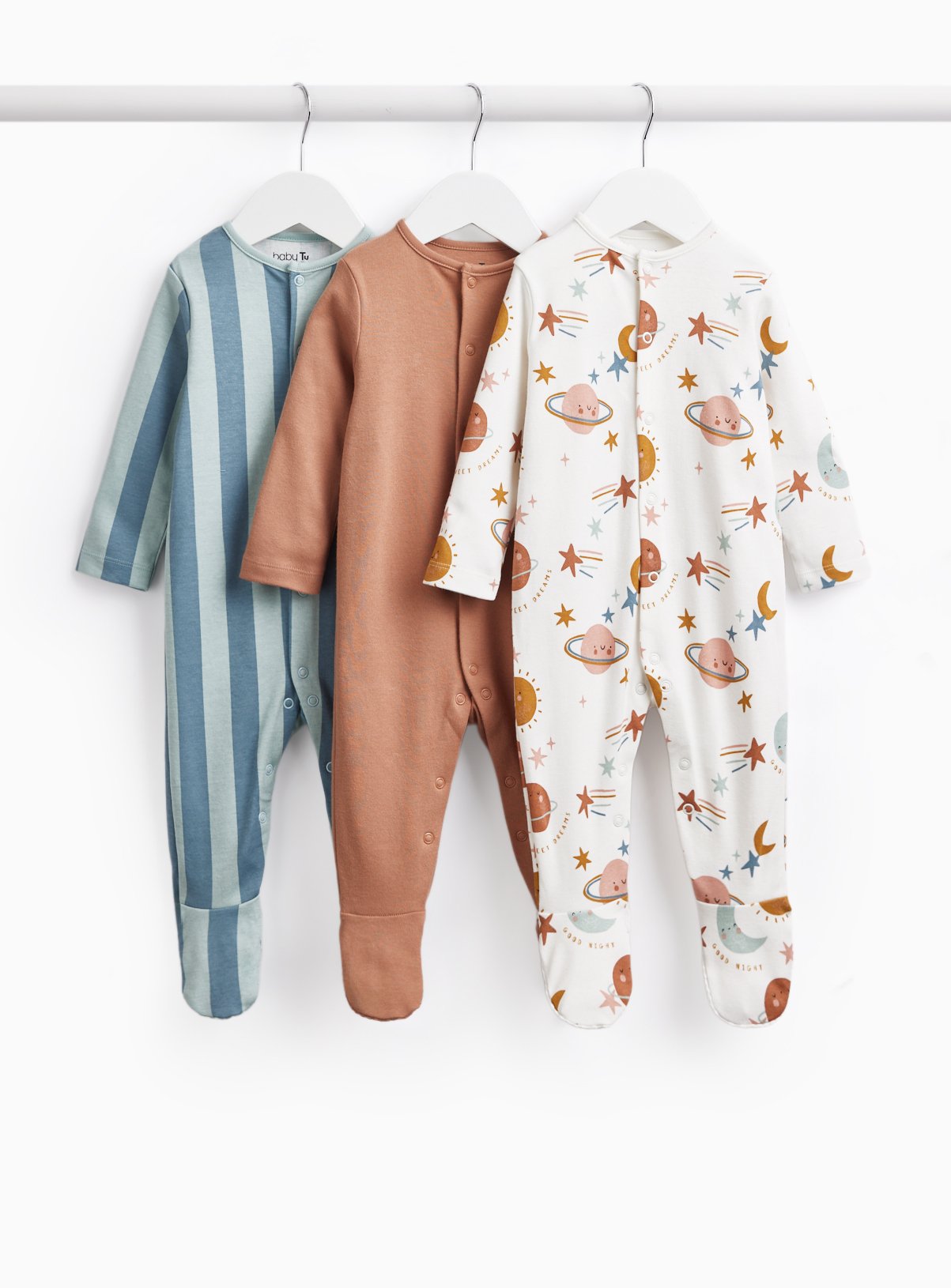 Space & Stripe Print Sleepsuits 3 Pack 6-9 months - Image 1 thumbnail